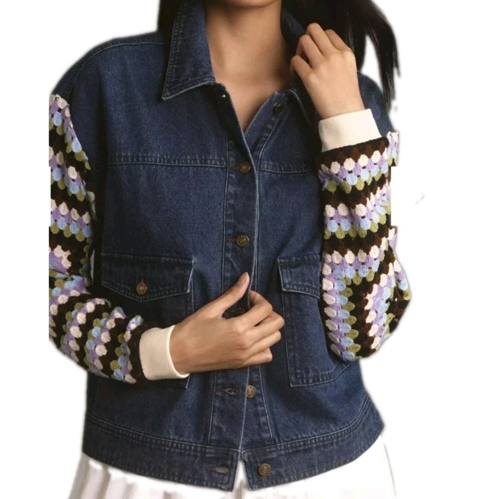 Anthropologie Womens Size XSmall Crochet Sleeve Denim Jacket Boho